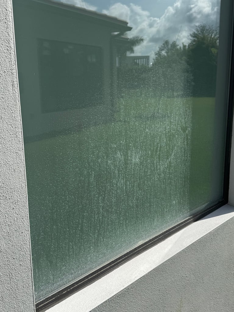 Glass covered in hard water stains before treatment — HappyPane Solutions