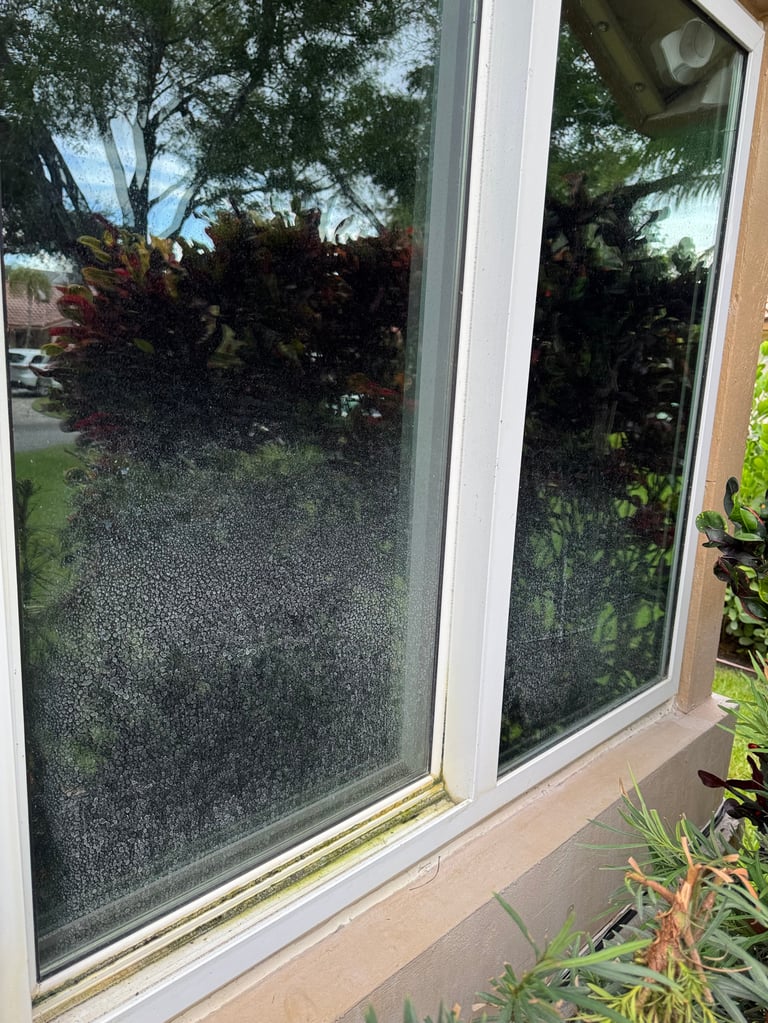 Freshly cleaned large glass patio doors with white frames on a South Florida home showing garden view after window cleaning service
