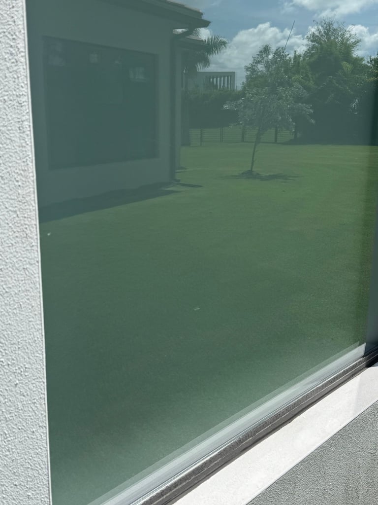 View through a green-tinted glass panel of a residential backyard with green lawn, trees, and a house with deck visible beyond