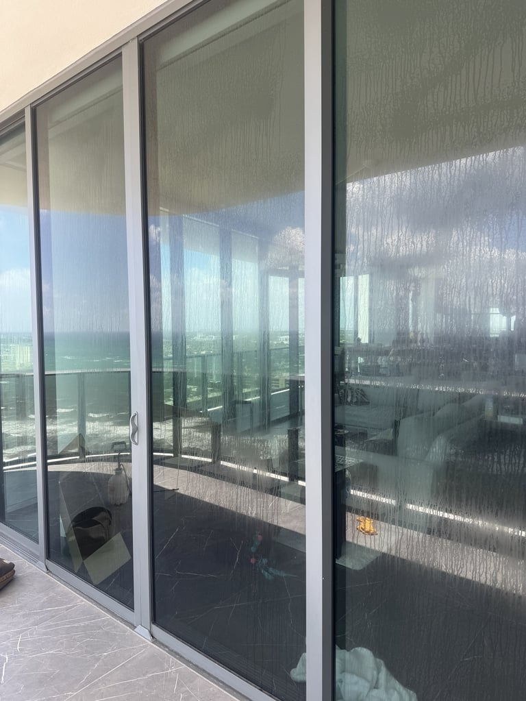 Modern sliding glass doors with dark frames opening to a high-rise balcony overlooking a cityscape